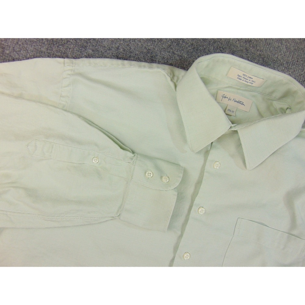 Nordstrom Dress Shirt Mens 17.5x37 Light Green Gingham Check  Cotton Italy Woven